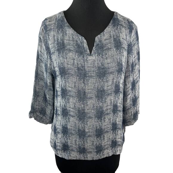 PURE J Jill Gray Checked Split V-Neck 3/4 Sleeve Linen Blend Blouse Petite M PM - Picture 1 of 6